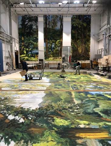 Elizabeth Leroy working on a painted canvas for the Théâtre de la Comédie Française in Paris